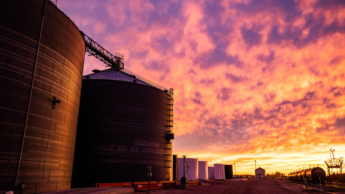 Grain bins silhouetted in front of a beautiful sunrise